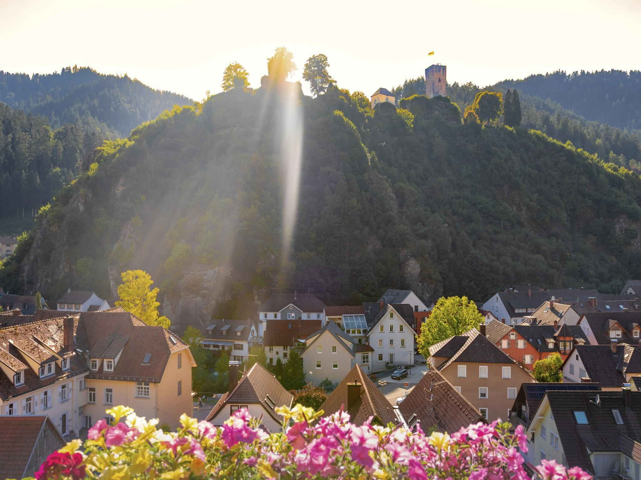 Sunbeams breaking over a hillside castle above colourful village rooftops and flowers.