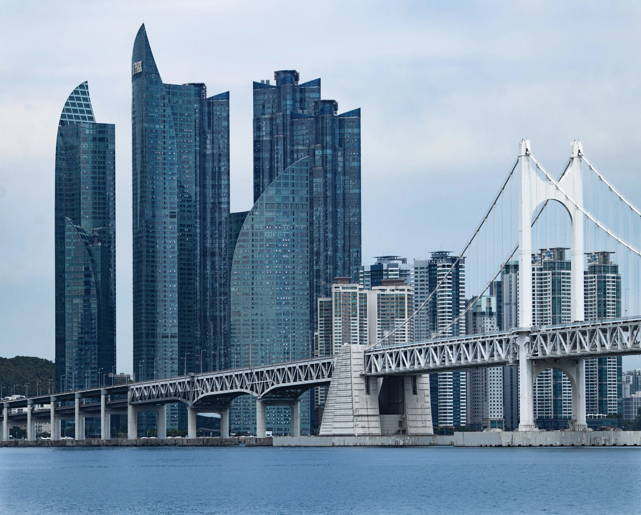 A suspension bridge stretching towards a dense group of waterfront skyscrapers.
