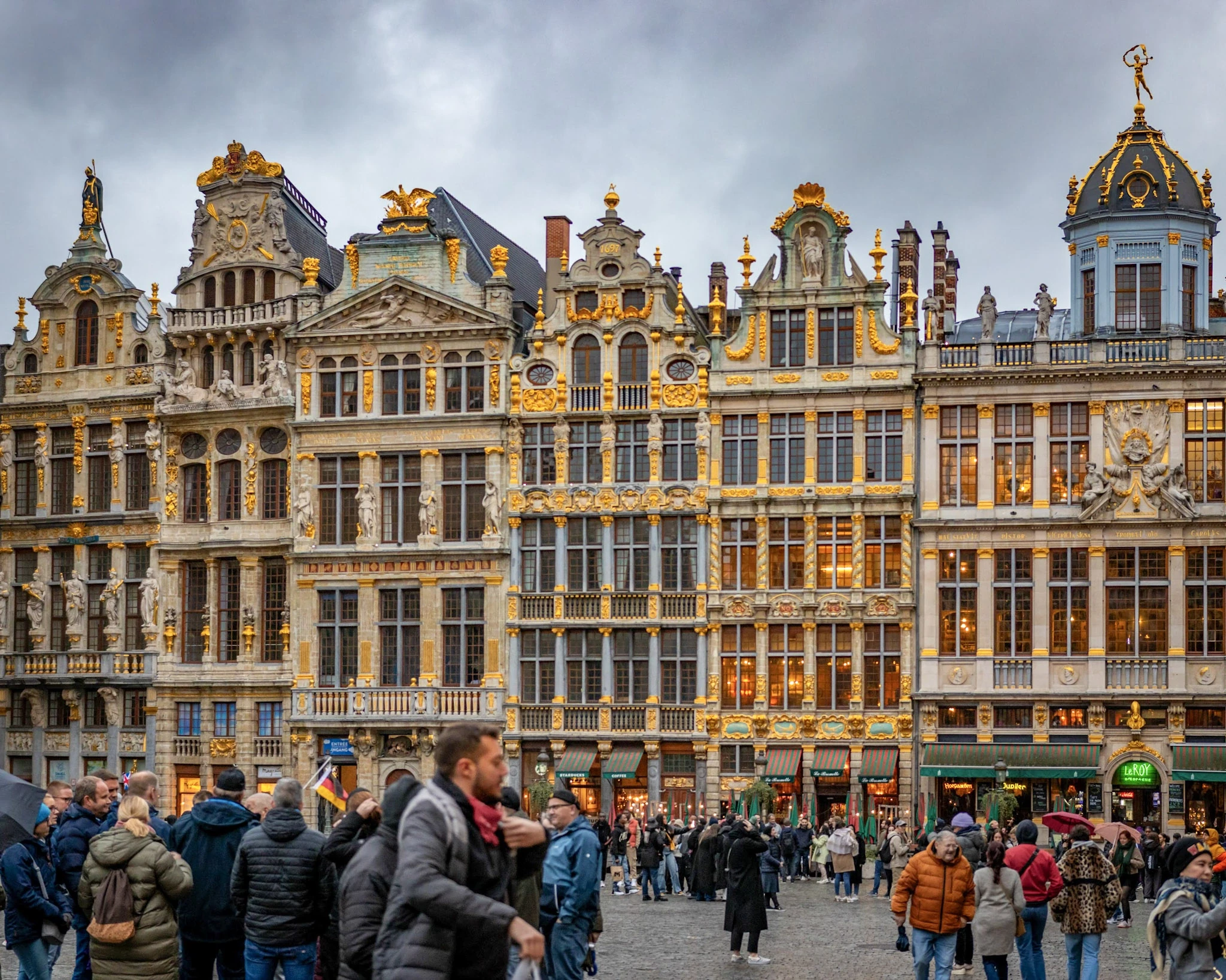 The richly decorated guildhall façades around Brussels' Grand Place.