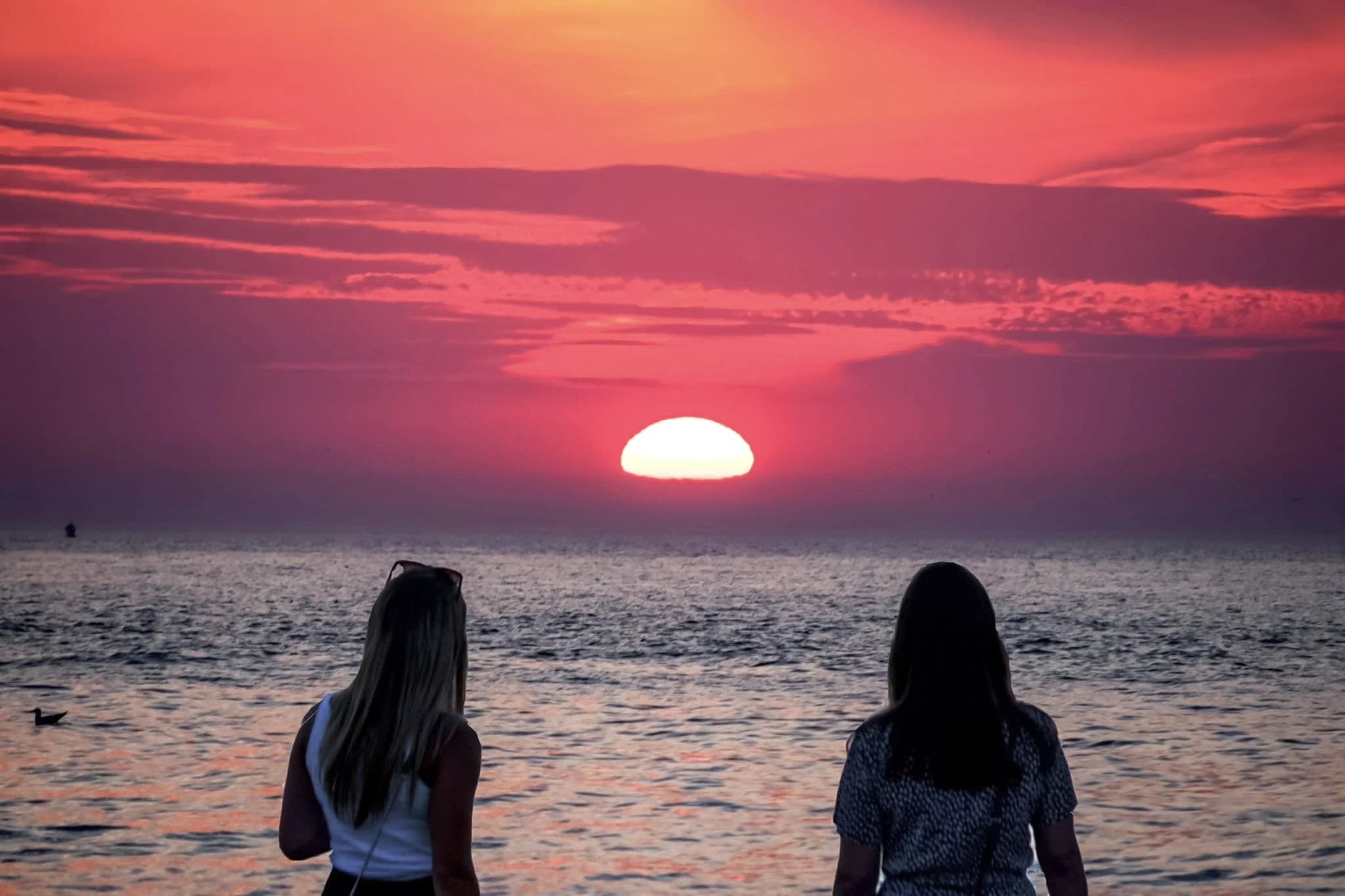 Two people watching the sun sink towards the sea beneath a pink sky.