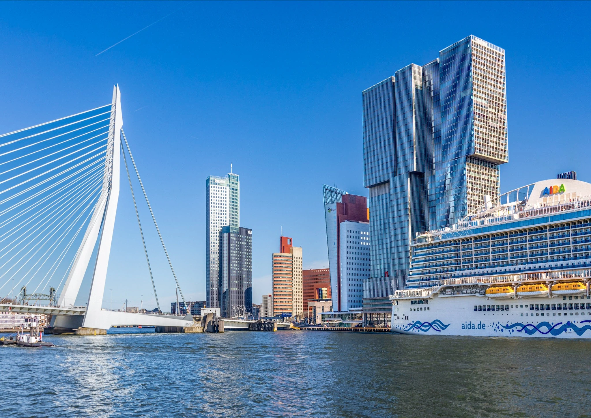 A white cable-stayed bridge leading towards modern high-rise buildings.